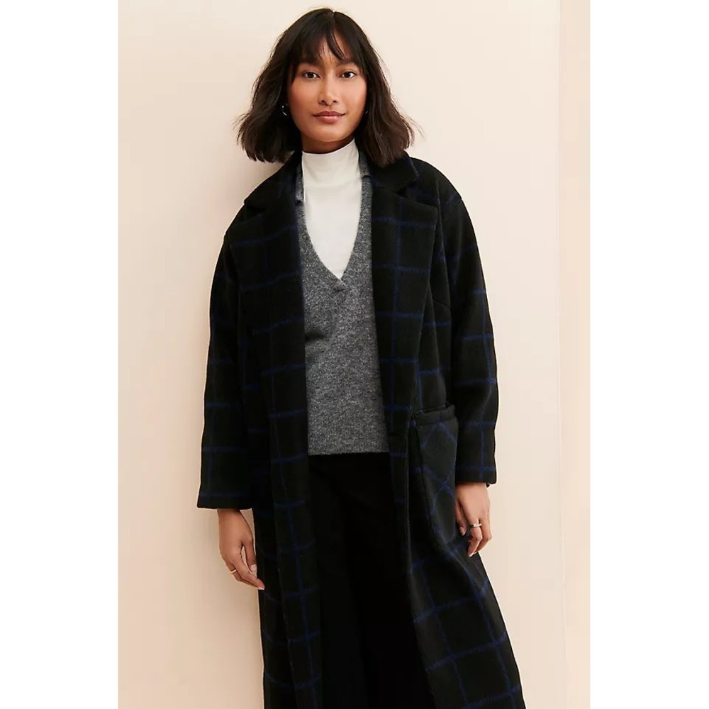 Hutch Anthropologie Black Blue Windowpane Fuzzy Boucle Longline Coat XXSP